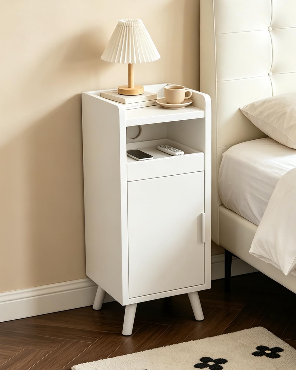 Mesita de noche de 2 plazas de noche estrechas, pequeñas con cajón y puerta, mesita de noche, gestión de cables, mesa auxiliar, ahorro de espacio para sala de estar, dormitorio, 25 x 30 x 61