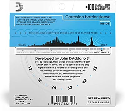 Daddario Ej11 Acoustic Guitar String Set, 80/20 Bronze, Light Gauge,