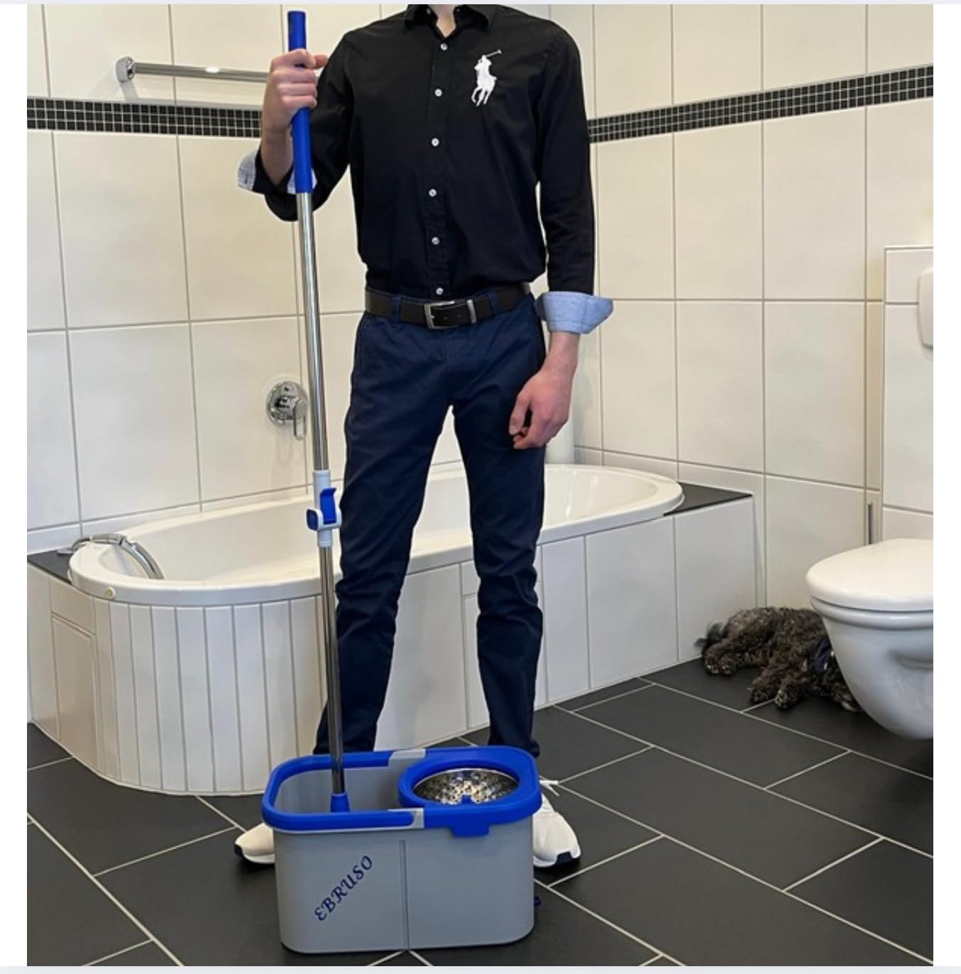 Putzeimer Set – Putzset mit höhenverstellbarem, rotierendem Edelstahl-Stiel (bis 149 cm), 30L Putzeimer & 2 Putzlappen (Ø 30 cm Mop) – Wischmopp Set für Laminat, Fliesen & Parkett (Blau)