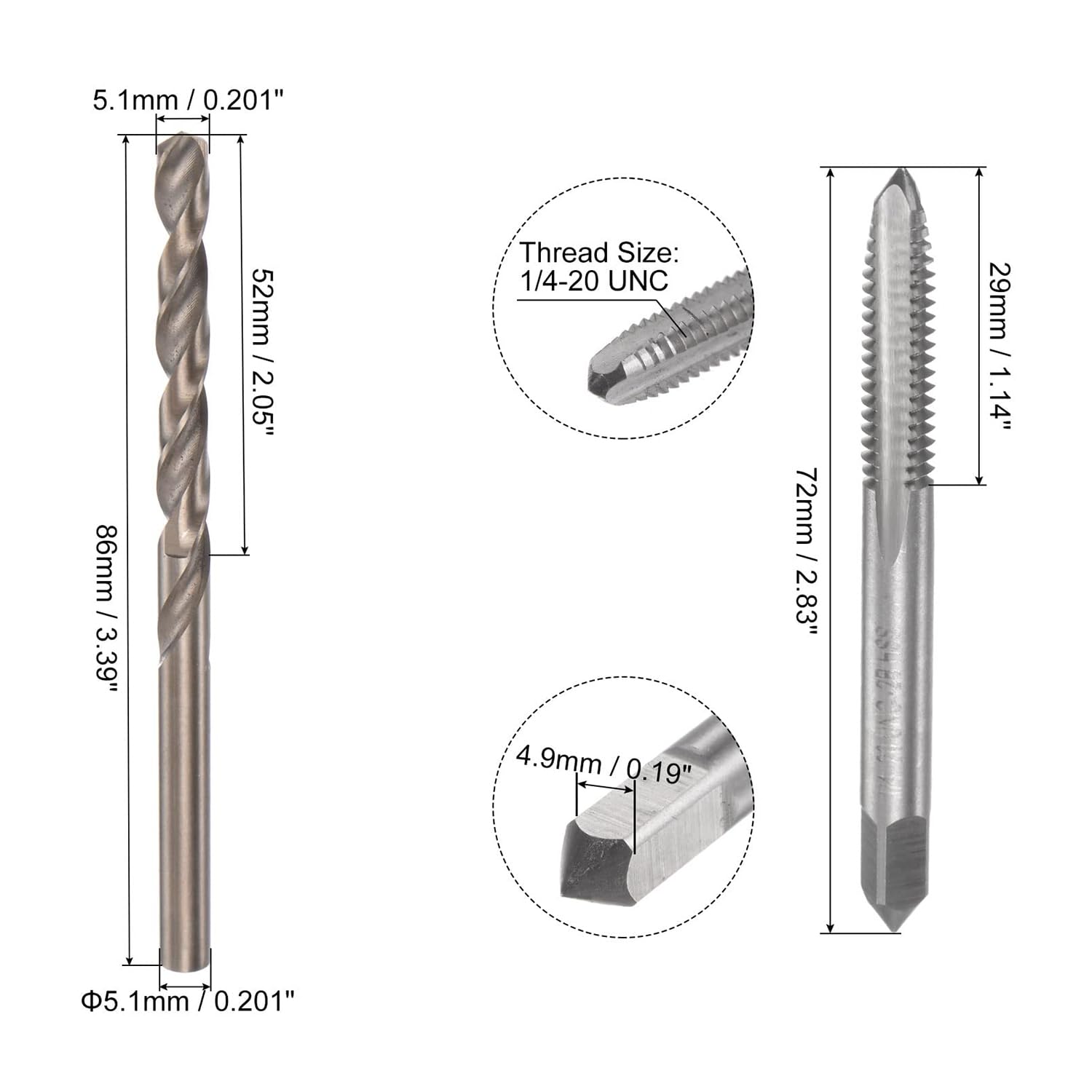 MACHSWON Tap & Bit Sets,1/4-20 UNC 2B Straight Flute Machine Thread Milling Tap,5.1mm M35 Cobalt High Speed Steel (HSS-CO) Twist Drill Bit - Image 2