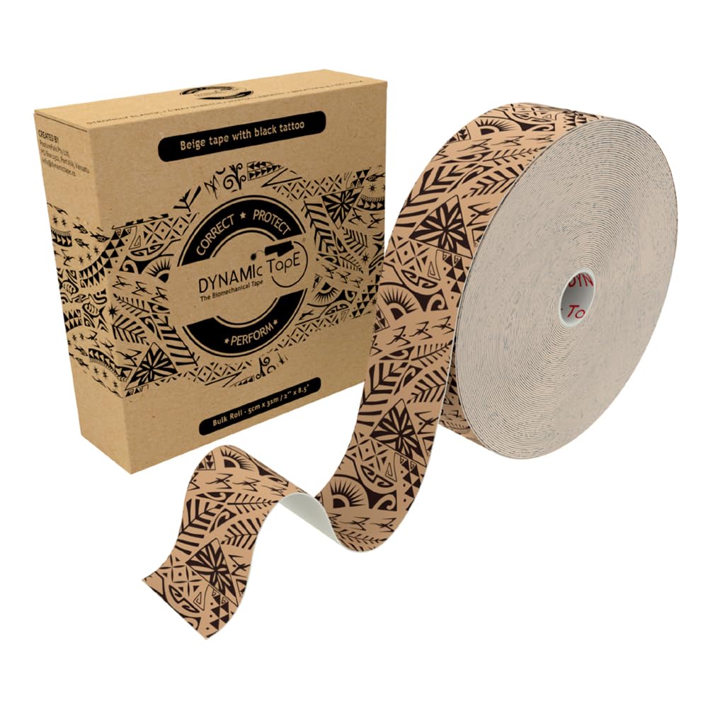 Dynamic Tape Original | Biomechanical Adhesive Tape | Physio Tape for Knee, Ankle, Shoulder, Leg, Muscle Support | Sports Tape for Football, Rugby, Ideal for Athletes | Beige & Black - 2" (101' Roll)