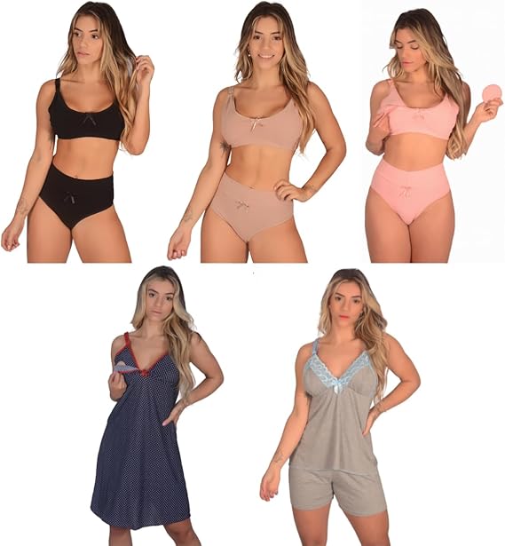 Kit 1 Camisola + 1 Baby Doll + 3 Conjuntos (Sutiã de Amamentação + Calcinha Pós Parto) Gestante Reforçado Pijama Maternidade Renda