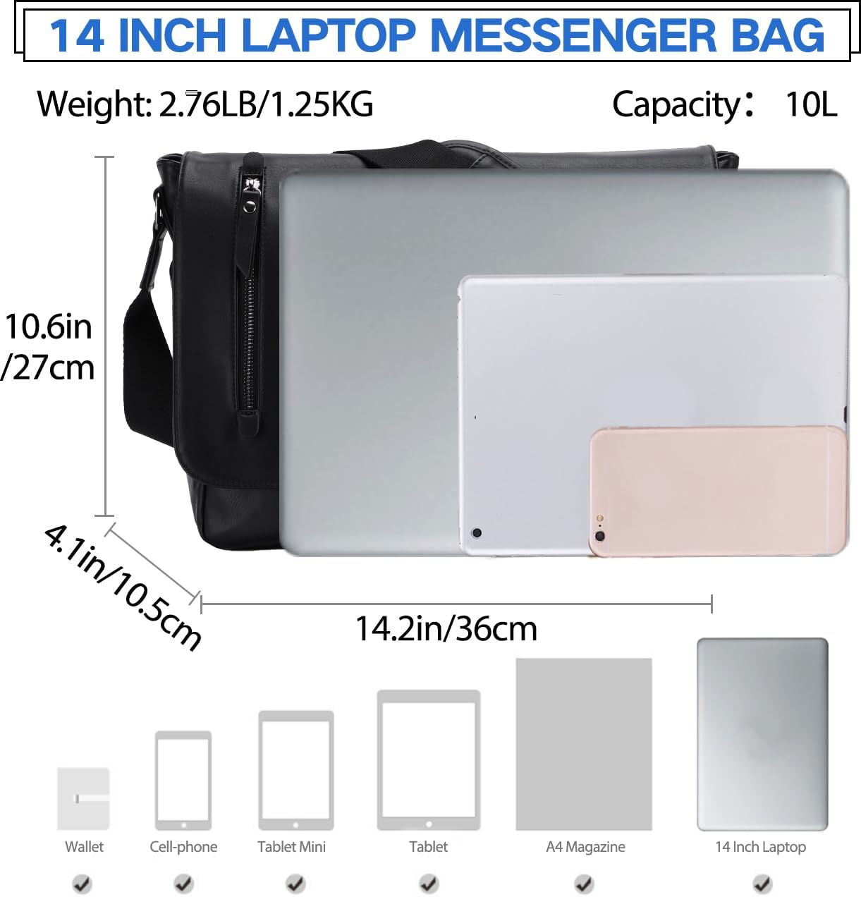 VX VONXURY Messenger Bag for Men, Pu Leather 14 Inch Laptop Briefcase Bag for Work Bussiness and School,Black