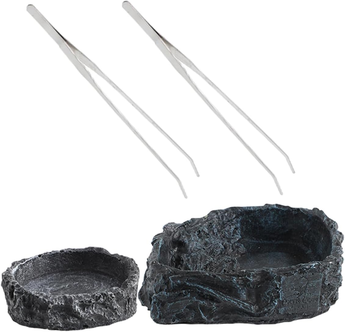 VILLCASE Bearded Dragon Reptile Feeding Bowls Set with Small Gray Dish, Large Water Bowl, and 27cm Curved Tongs – Sturdy Terrarium Food and Water Dishes for Snakes, Turtles, and Lizards