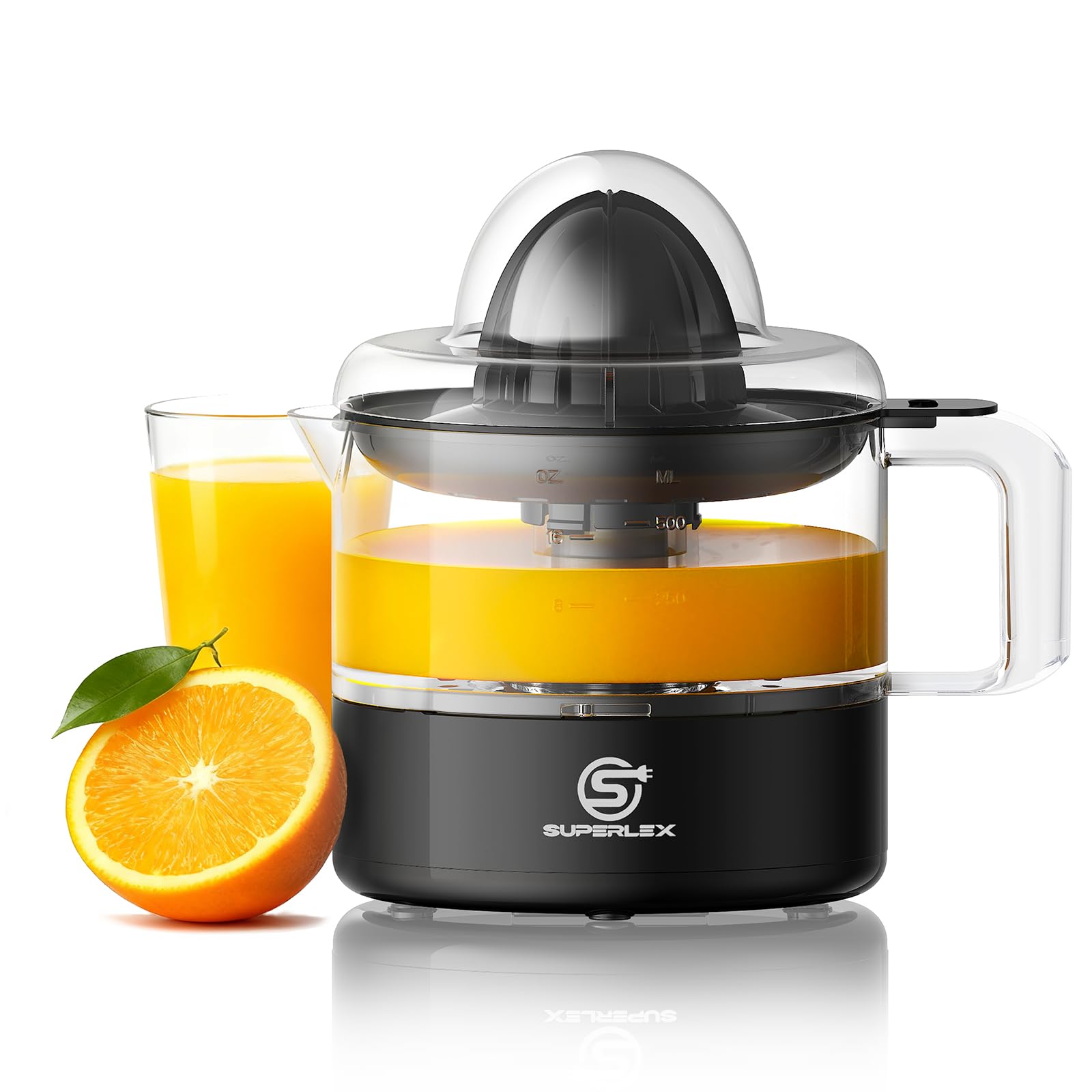 SUPERLEX Orange Juicer Electric Citrus Juicer Powerful Lemon Squeezers 500ML Measuring Jug Dual Rotation Adjustable Pulp Filter Quiet Compact Design for Orange Lemon Lime Grapefruit