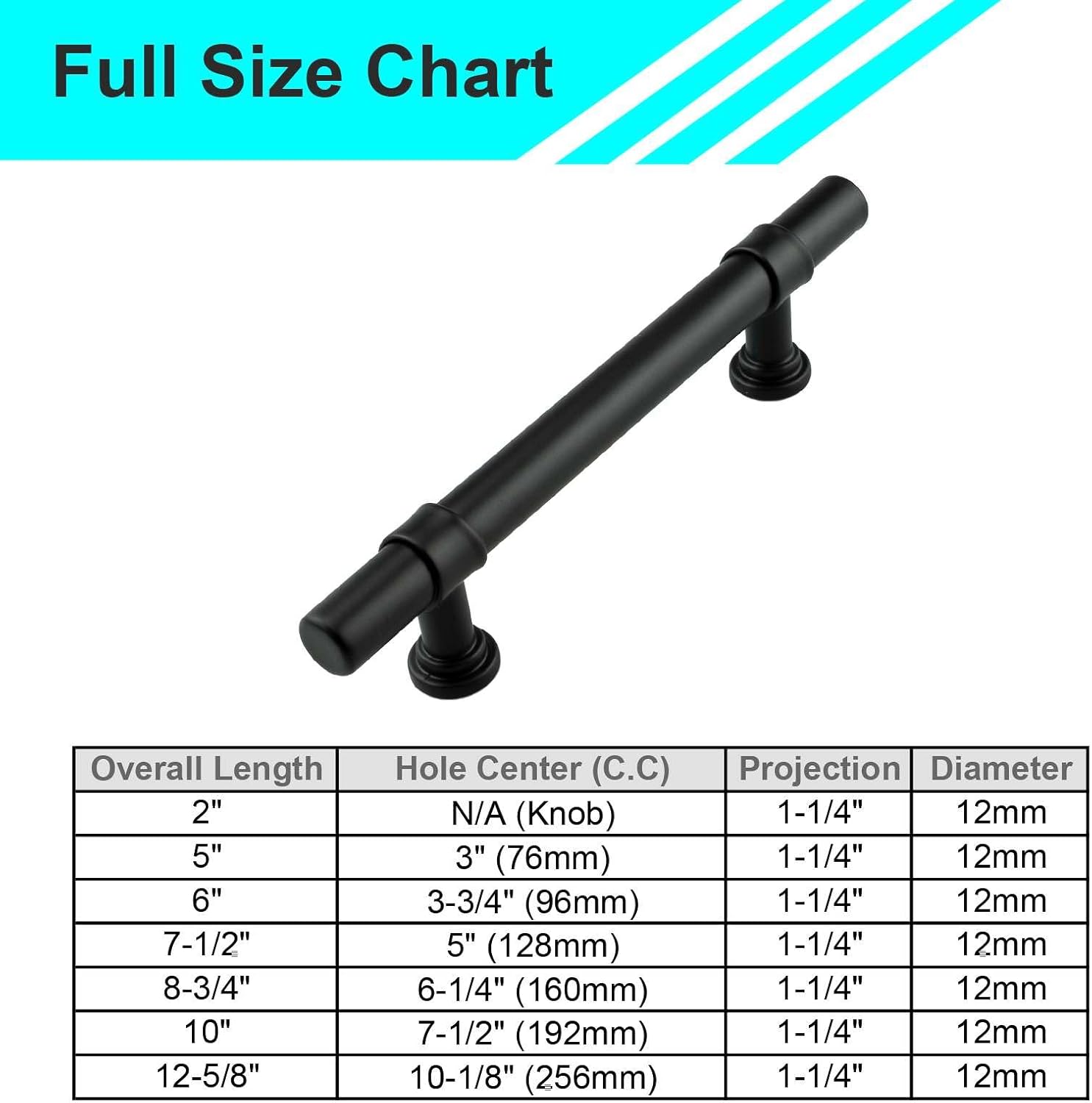 Modket 5 Pack Modern Round Bar Cabinet Handle 304 Stainless Steel — 12-5/8" Overall Length, 10-1/8" (256mm) Hole Center, Matte Black