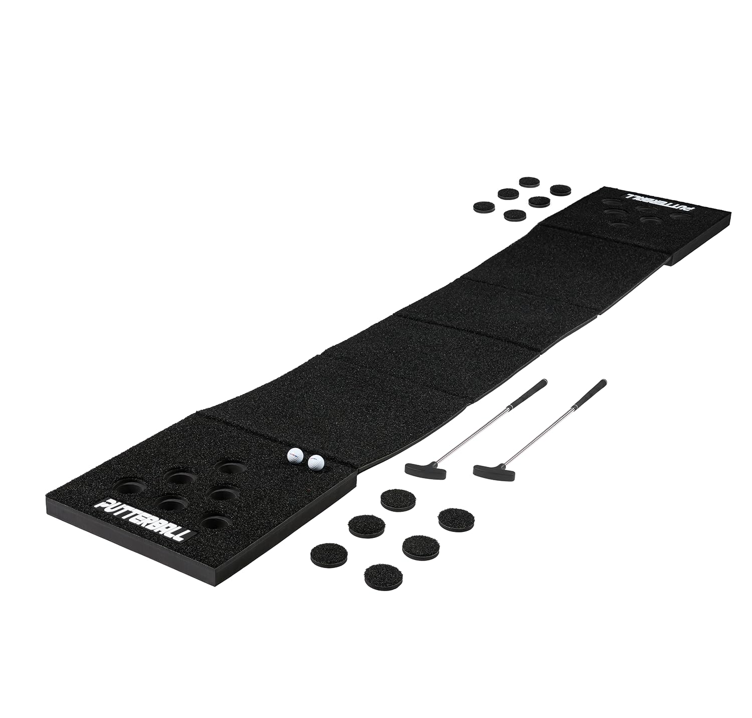PutterBallOriginal Game Set Includes 2 Putters 2 Golf Balls Black Putting Pong Mat and Hole Covers Fun Indoor Outdoor Beer Pong Golf Putting Game for Backyard Parties Office and Travel