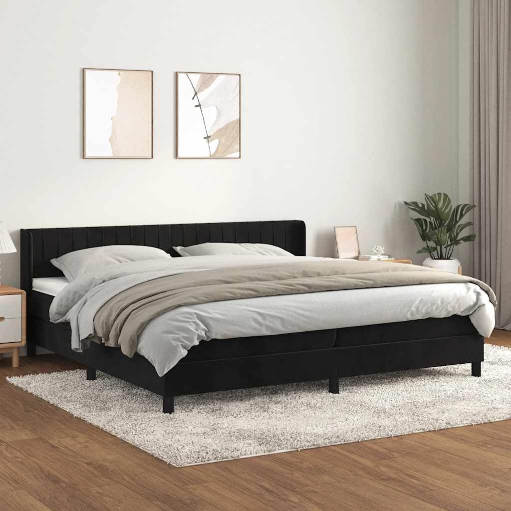 Cama con somier con colchón, color negro, 200 x 200 cm, terciopelo acolchado, cama doble, marco de cama, muebles para jóvenes, cama alta que ahorra espacio, cama alta para un sueño reparador