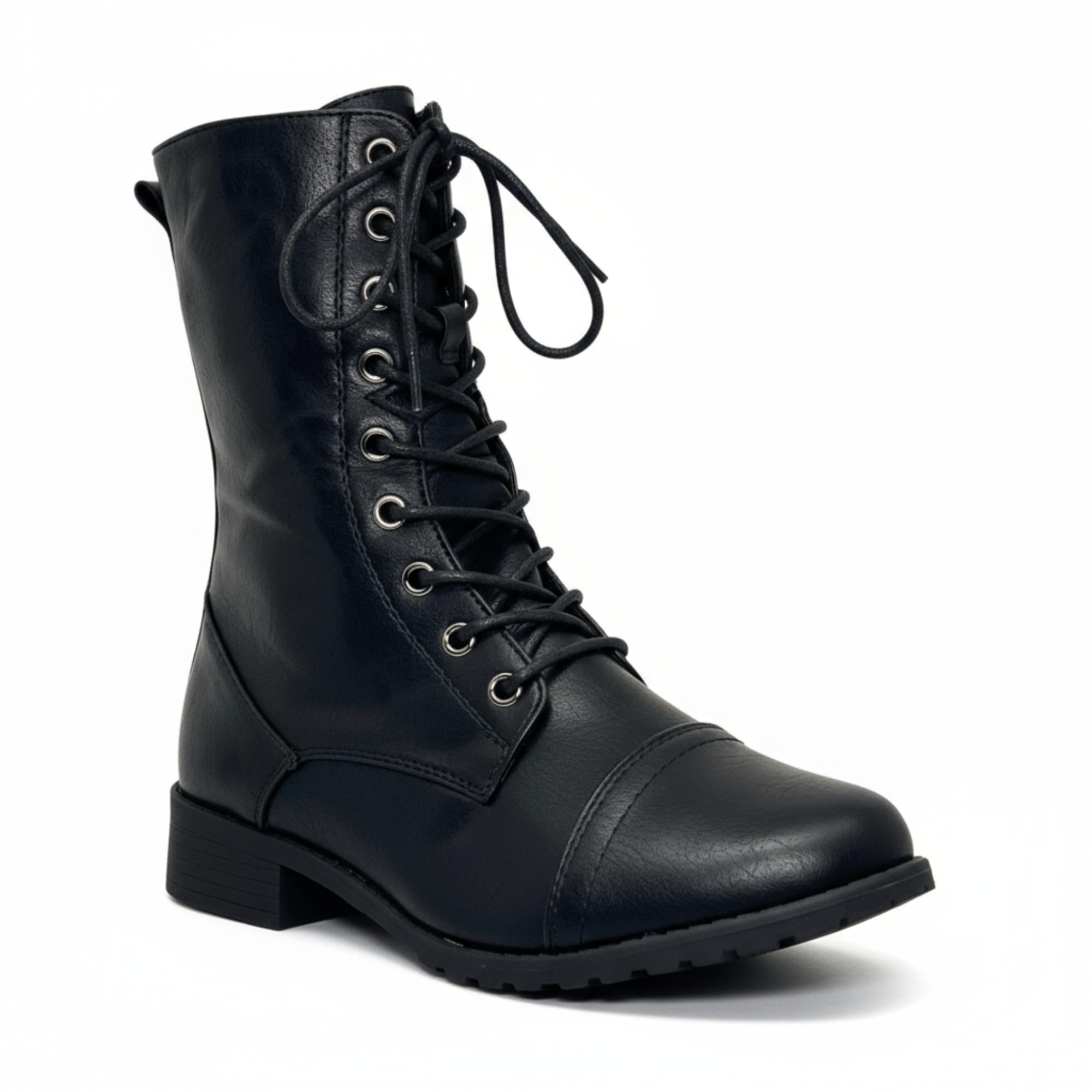 ABSOLEX Womens Lace up Round Toe Low Heel Combat Boots