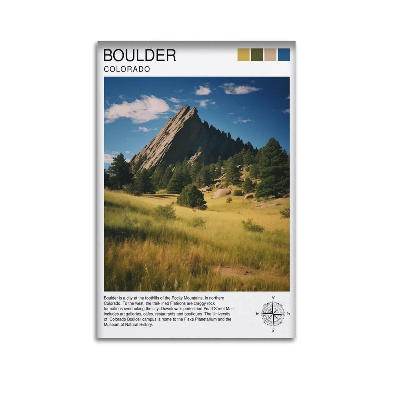 xiaoxiaoshen Boulder Colorado Travel Rocky Mountain Illustrati Canvas Poster Wall Art Prints Room Aesthetic Murals Bedroom And Living Decorations 24x36inch(60x90cm)