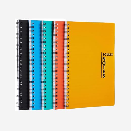 Amazon Brand – Solimo Notebooks, Spiral-Bound, Lightweight, Vibrant Colours (A5, 100 Pages, 70 GSM, Set of 5)