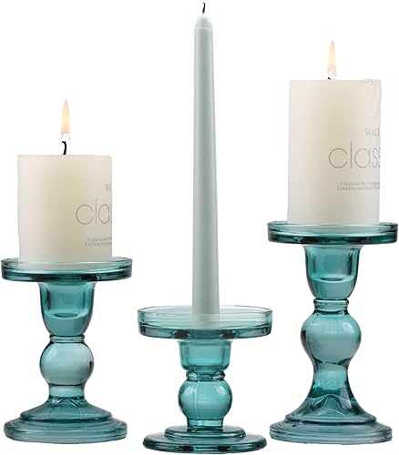 GMWD Juego de 3 portavelas de vidrio transparente, verde, candelabros de pilar, velas cónicas, soporte para candelitas para centros de mesa de boda,