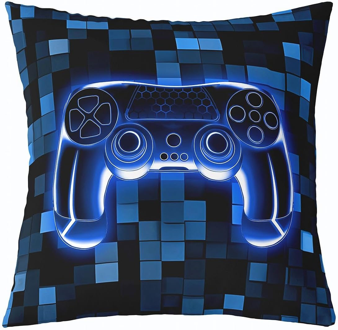 Manfei Game Kids Throw Pillow Cover,Pixelated Square Patchwork Gaming Double Sides Pillow Case,Miners Neon Lights Geometric Home Decor,Blue Bed Couch Sofa Cushion Cover,1 Pack 16"x16"