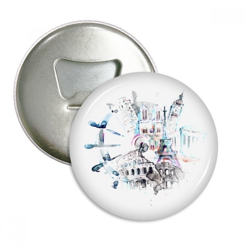 Décapsuleur aimants pour réfrigérateur en métal argenté et badge bouton aquarelle haut de gamme