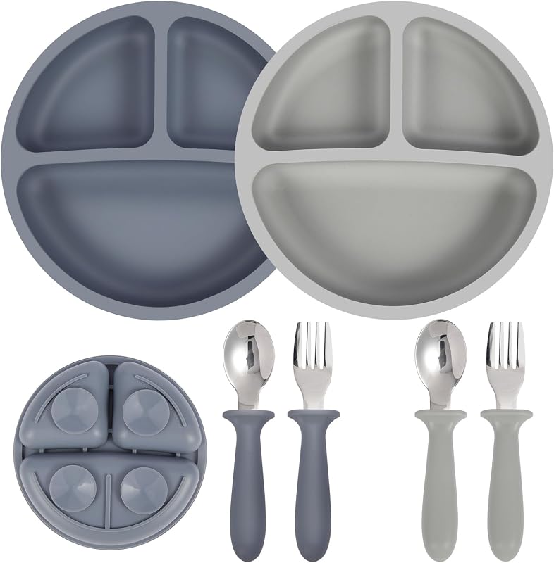 Eascrozn Juego de 2 platos de succión de silicona para bebé, tenedores y cucharas | Utensilios para niños pequeños, divididos, sin BPA, suministros de alimentación para destete dirigidos por bebés, aptos para microondas y lavavajillas