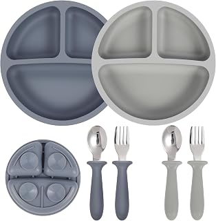 Eascrozn Juego de 2 platos de succión de silicona para bebé, tenedores y cucharas | Utensilios para niños pequeños, divididos, sin BPA, suministros de alimentación para destete dirigidos por bebés, aptos para microondas y lavavajillas