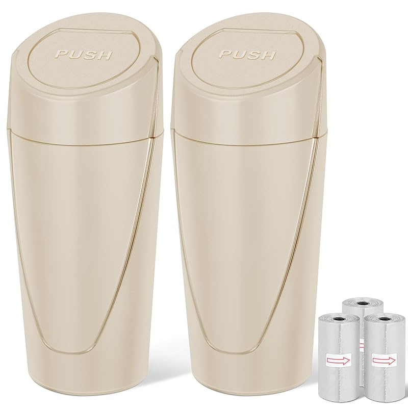 Kit com 2 lixeiras automotivas compactas de 900 mL com tampa e 60 sacos, bege, Kincown