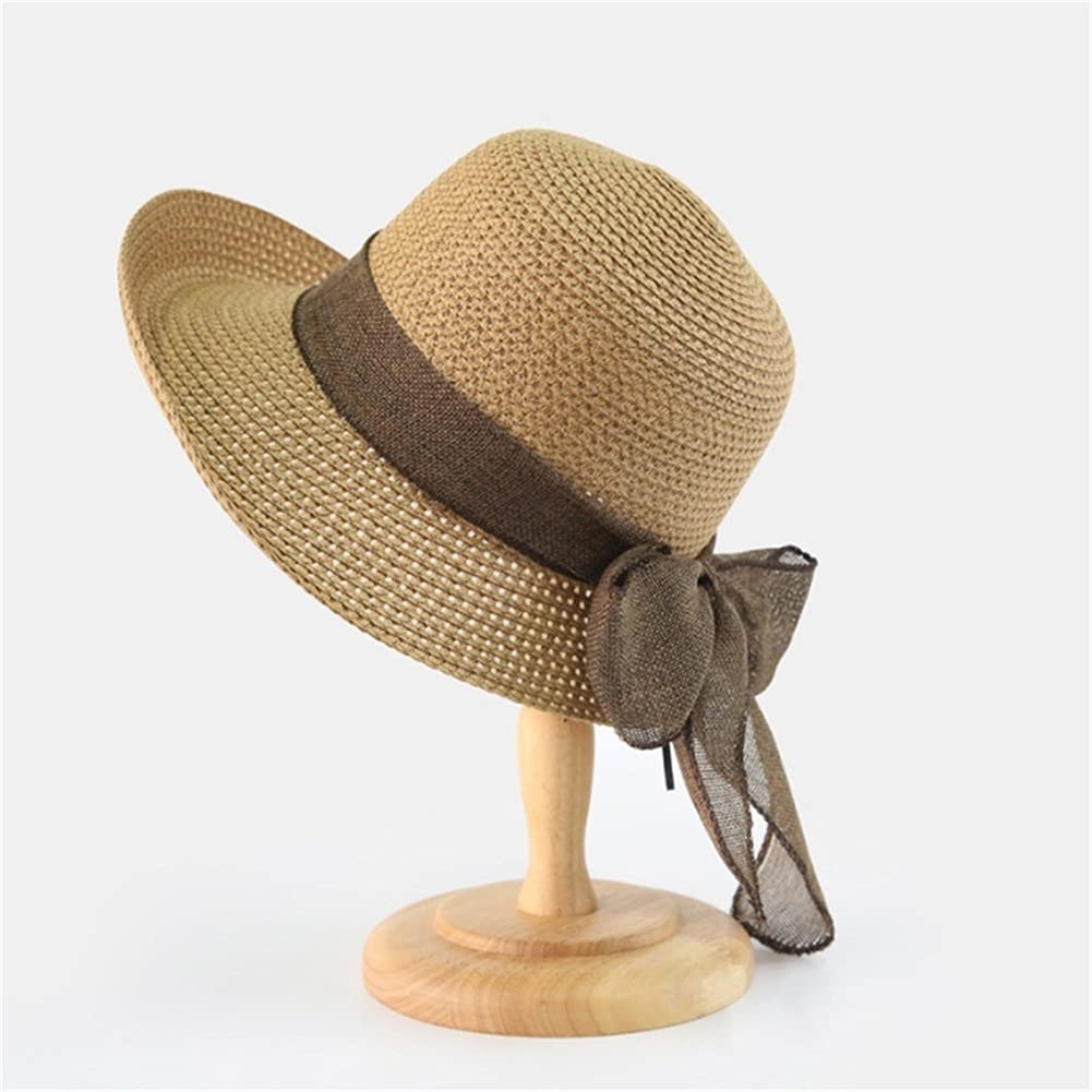 MRKU Chapeau d'été pour Femme, Tendance Fille, en Paille avec Ruban et nœud, Style Plage décontractée, à Calotte Plate.
