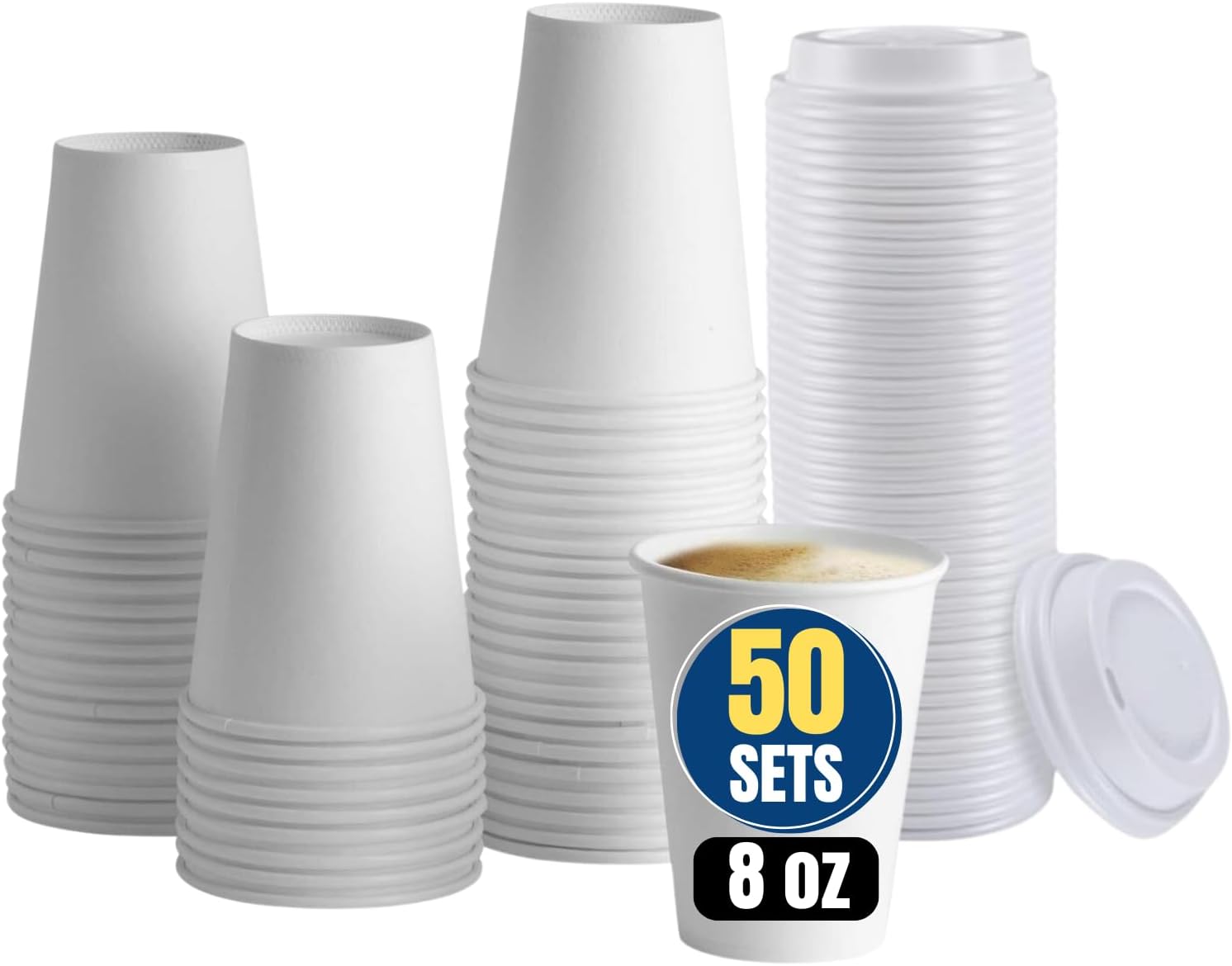 8 oz Coffee Cups With Lids Disposable Paper Coffee Hot Cups (50 Cup & 50 Lids)