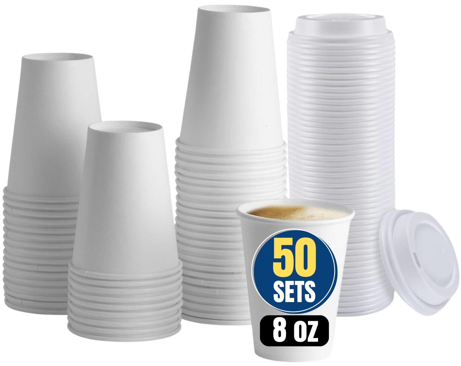 8 oz Coffee Cups With Lids Disposable Paper Coffee Hot Cups (50 Cup & 50 Lids)