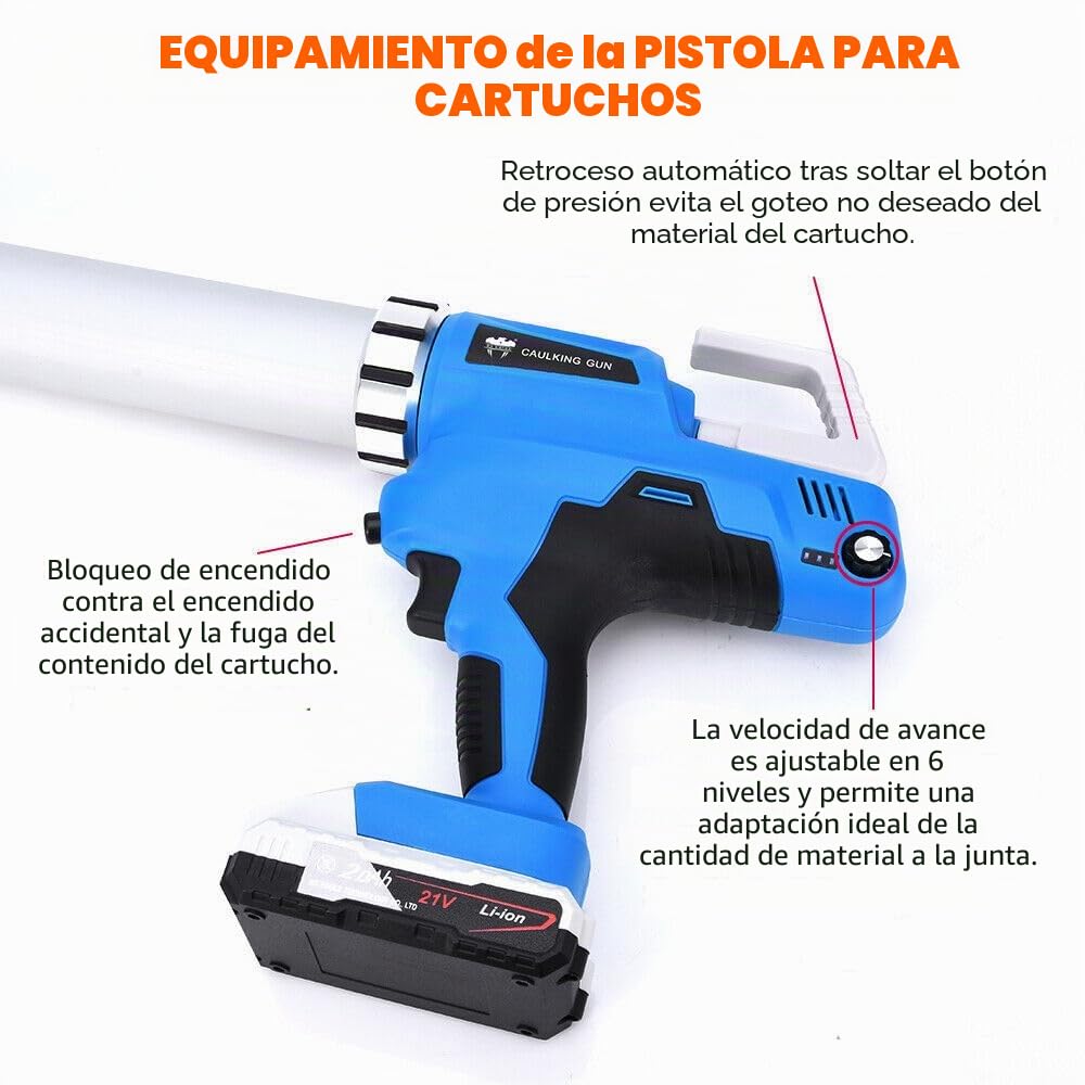 2 x baterías de 21 V, pistola de cartuchos, pistola de calafateo de silicona, 6500 N | Para cartuchos de 300 ml, bolsa de tubo de 600 ml, 6 velocidades, incluye cargador, jeringa eléctrica de silicona con LED