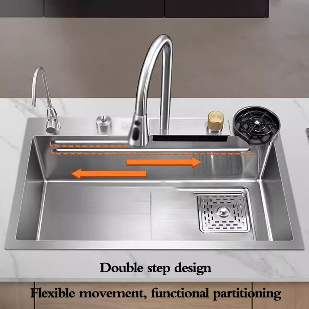 Lavello a sifone in acciaio inox color argento con rubinetto, rondella e cestello di scarico, lavello da cucina, piano di lavoro per lavastoviglie integrato, piscina fognaria controllata