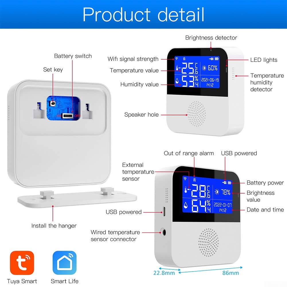 DAZZLEEX Capteur d'humidité de température WiFi Intelligent avec sonde Externe, pour Moniteur d'humidité de température pour Tuya avec Ligne de sonde