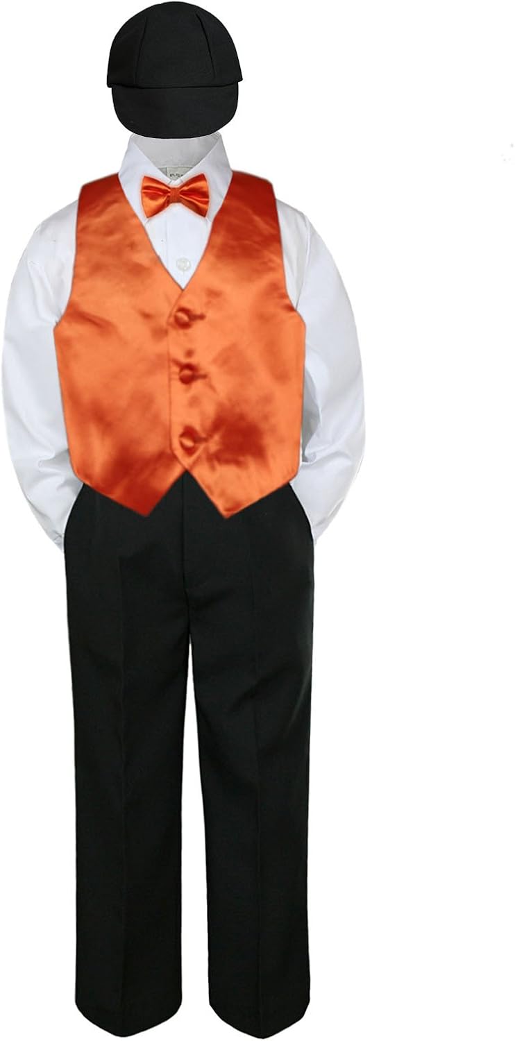5pc Baby Toddler Kid Boy Wedding Suit Black Pants Shirt Vest Bow tie Hat Set 5-7