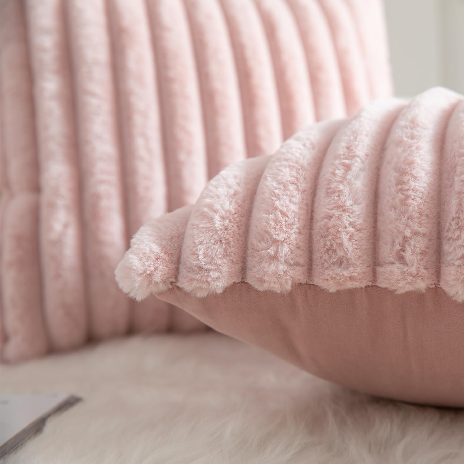 Mandioo Pack of 2 Decorative Cushion Covers 30cm x 50cm Faux Fur Striped Plush Soft Throw Pillow Covers Pillow Cases Bedroom Living Room Sofa Home 12x20 Inch Pink - Image 3