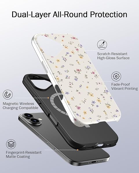 MERRO for iPhone 17 Case,Cute Aesthetic Y2K Phone Cover with Wildflower Designs for Women,Dual-Layer Silicone & Hard Shell Defense,Wireless Charging Compatible - Tiny Purple Yellow Flower - 2