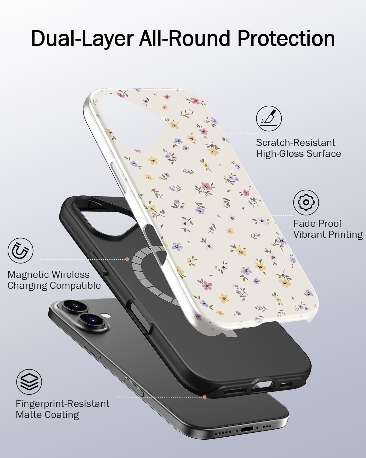 MERRO for iPhone 17 Case,Cute Aesthetic Y2K Phone Cover with Wildflower Designs for Women,Dual-Layer Silicone & Hard Shell Defense,Wireless Charging Compatible - Tiny Purple Yellow Flower - 3