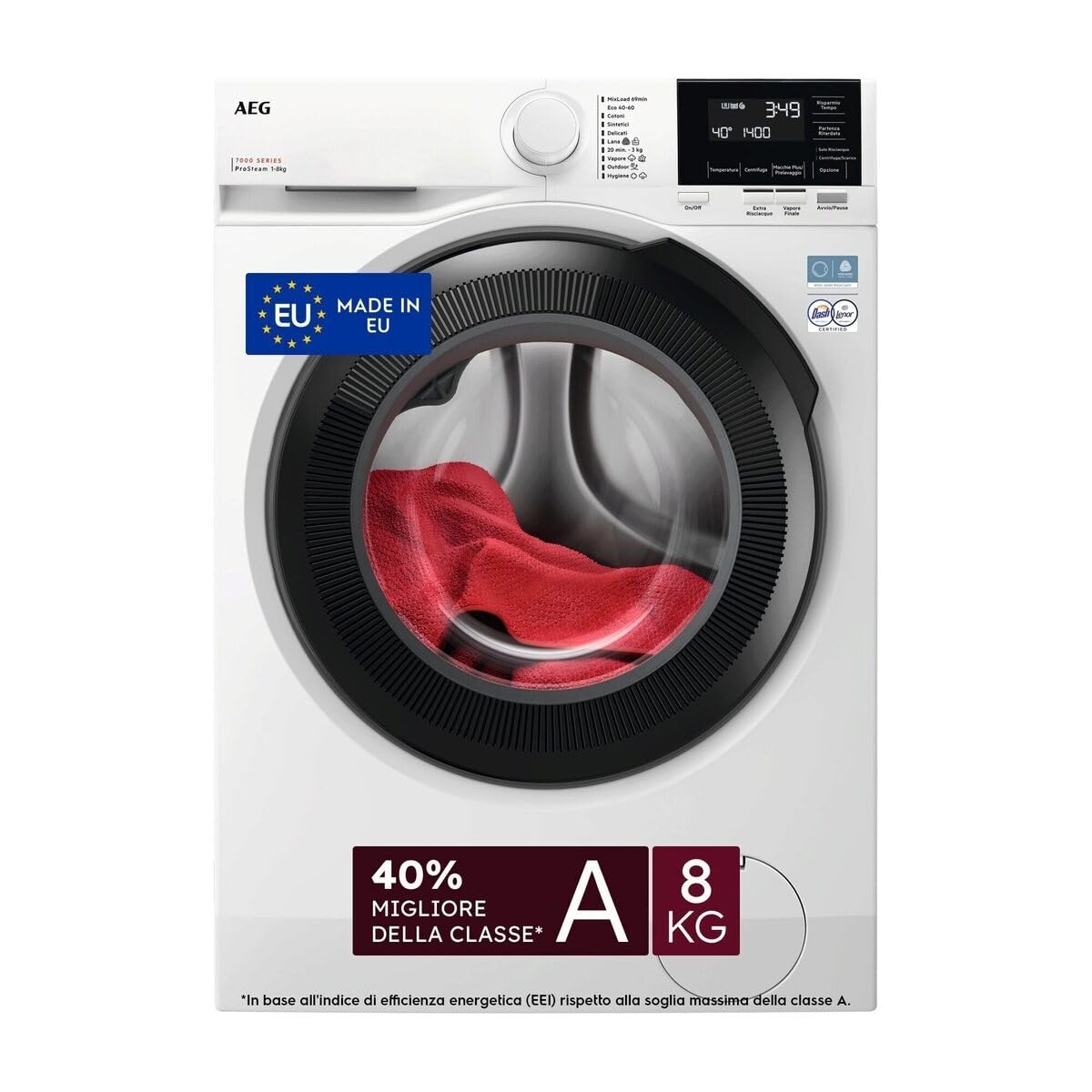 AEG Lavatrice Serie 7000 8 kg 1400 giri LR7FG84B4 Bianca | 8 kg, carica frontale, classe A, 1400 giri, PreciseWash, ProSteam, display LCD touch, bianca