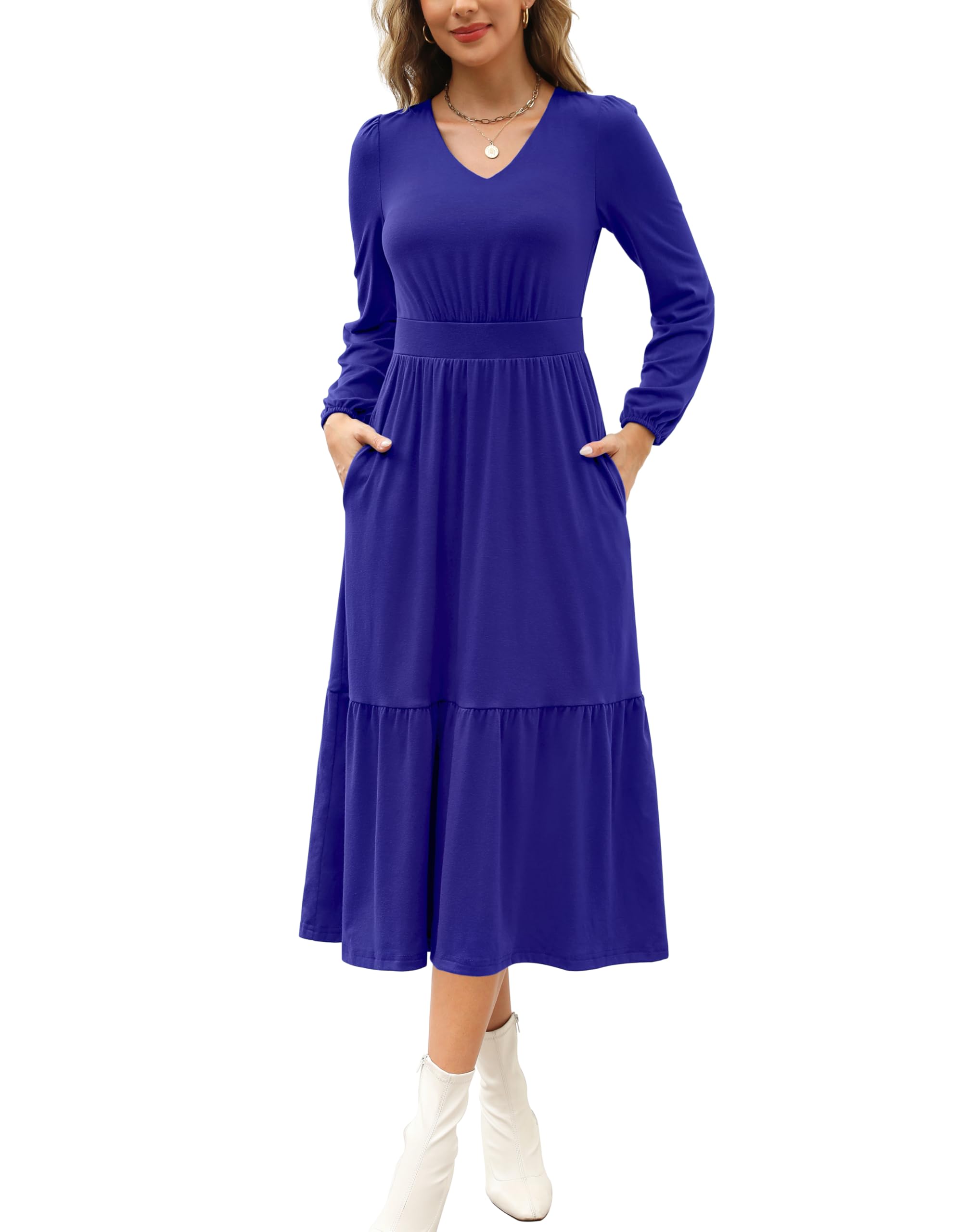 Kranda Women 2025 Fall Spring Puff Long Sleeve V Neck Causal Flowy Pleated Ruffle Tiered Midi Dress with Pockets