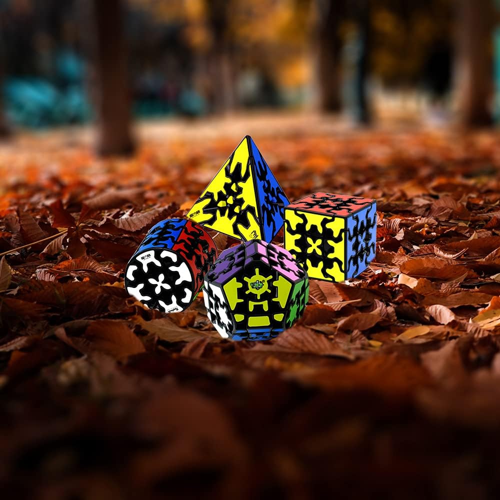 Gear Cube Set, Gear Speed Cube Set of 3x3 Gear Cube Cylindrical Gear Cube Megaminx Gear Cube and Pyraminx Gear Cube Brain Teasers Puzzle Toys 4 Pack