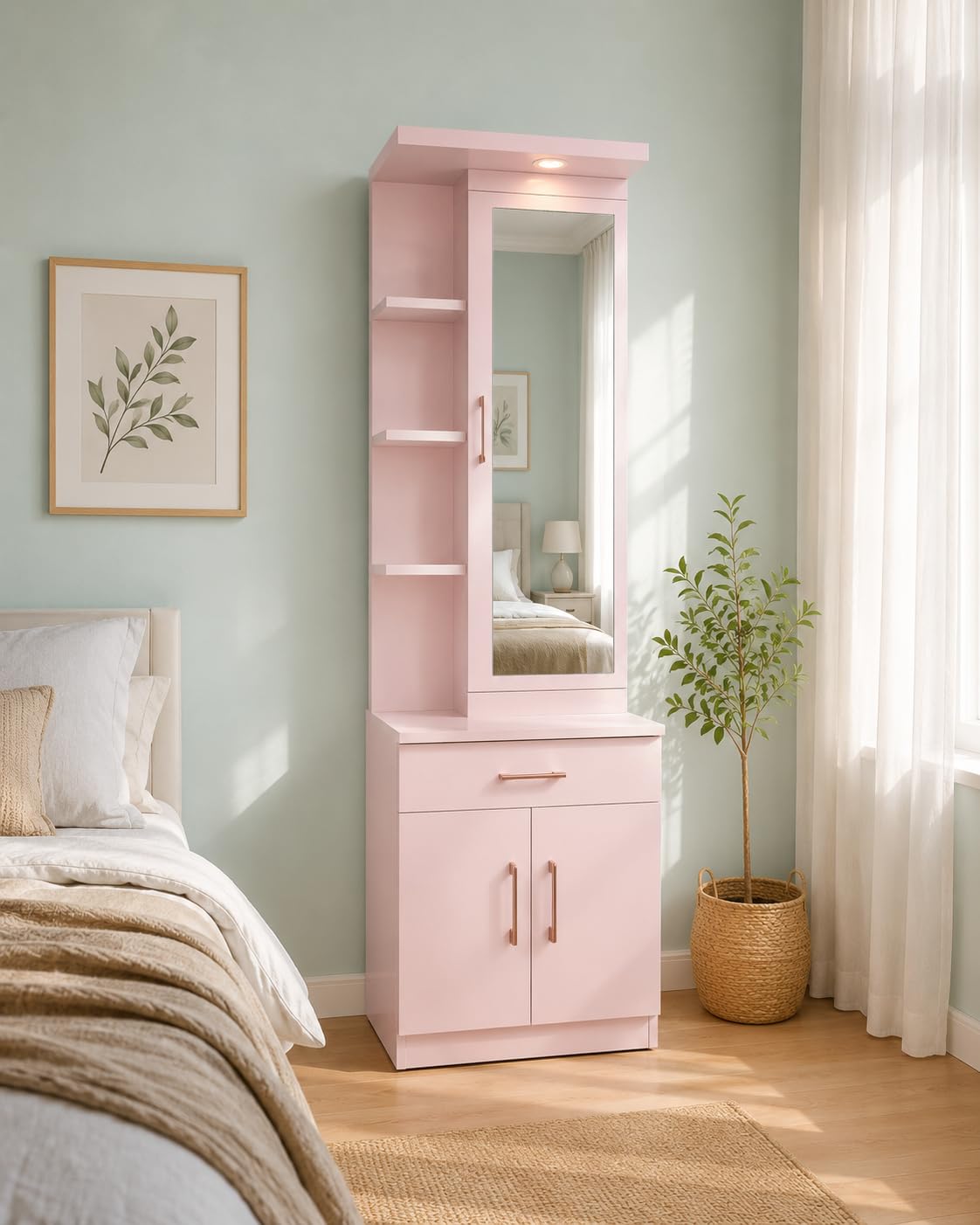 Dressing Table with Storage, Pre-Assembled Furniture with Mirror Dressing Table with Mirror and Light| 4 Shelves, 1 Drawer Wooden Vanity Dressing Table for Bedroom with Storage Cabinet-picture-18
