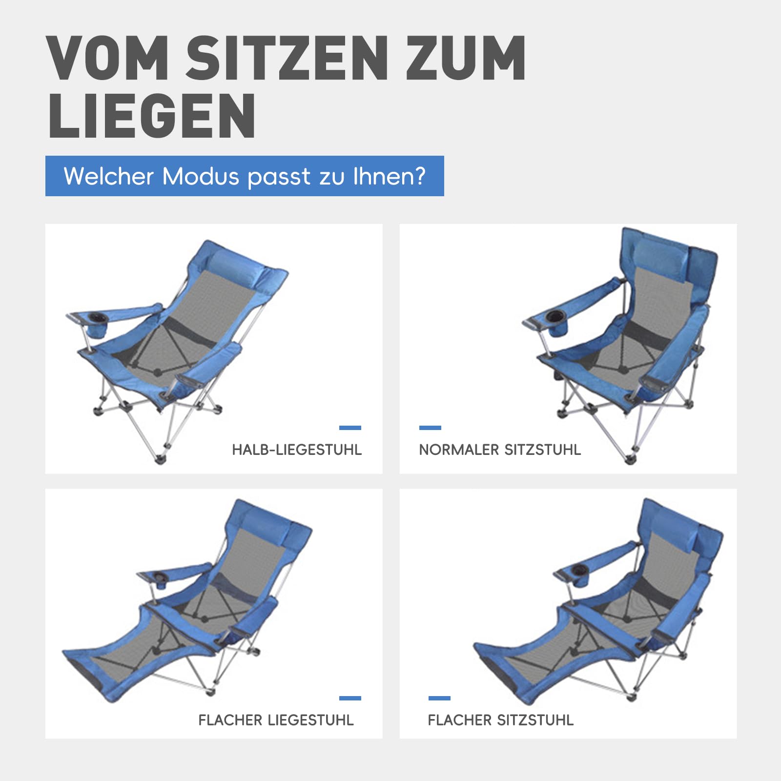 Chaise de Camping Pliante avec Repose-Pieds, Porte-gobelet, Chaise Longue d'extérieur réglable avec Tissu en Maille, Bleu