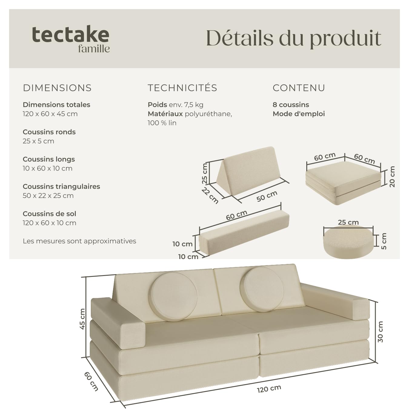 tectake® Canapé convertible 2 places modulable Canapé enfant en Mousse & Lin Fauteuil enfant Canapé lit Matelas de sol enfant Lit pliant Matelas pliable pour Chambre enfant Jeu de construction Lecture