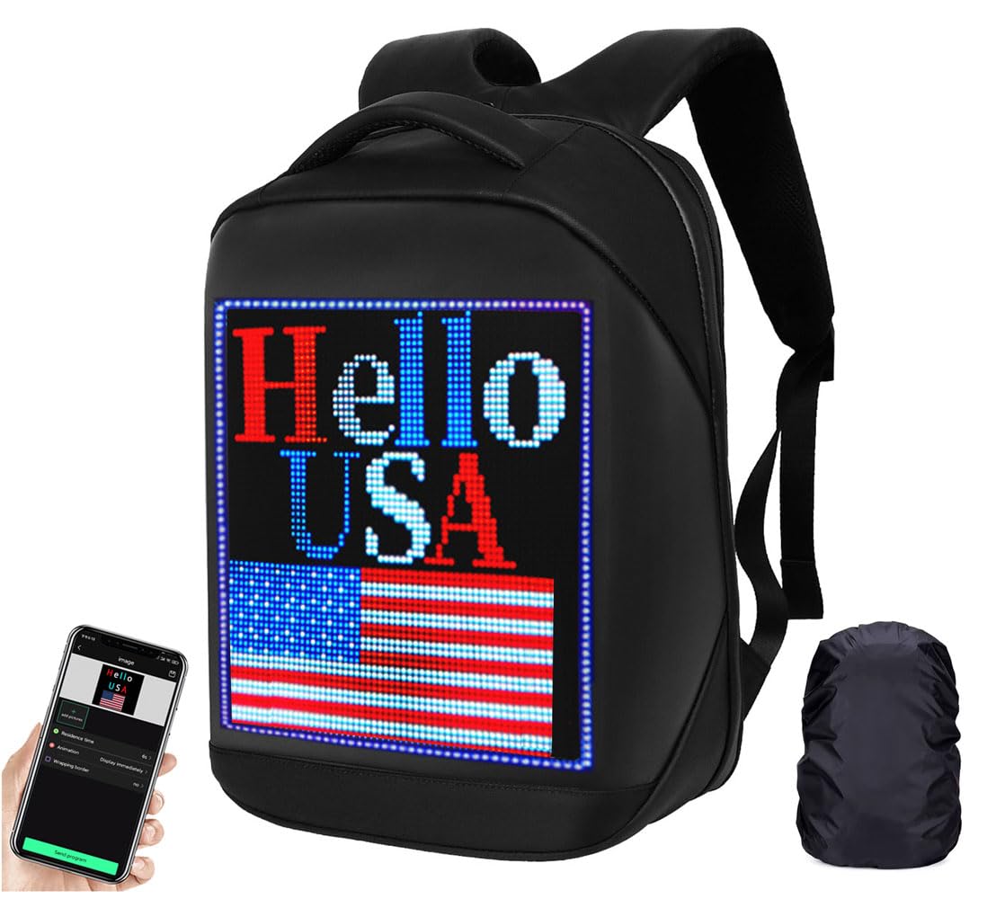 Welaso Smart Bluetooth LED Backpack with Colorful LED Sign Panel and Programmable, DIY Laptop Daypack Bag,Black (Medium 21L,with Rain Cover)