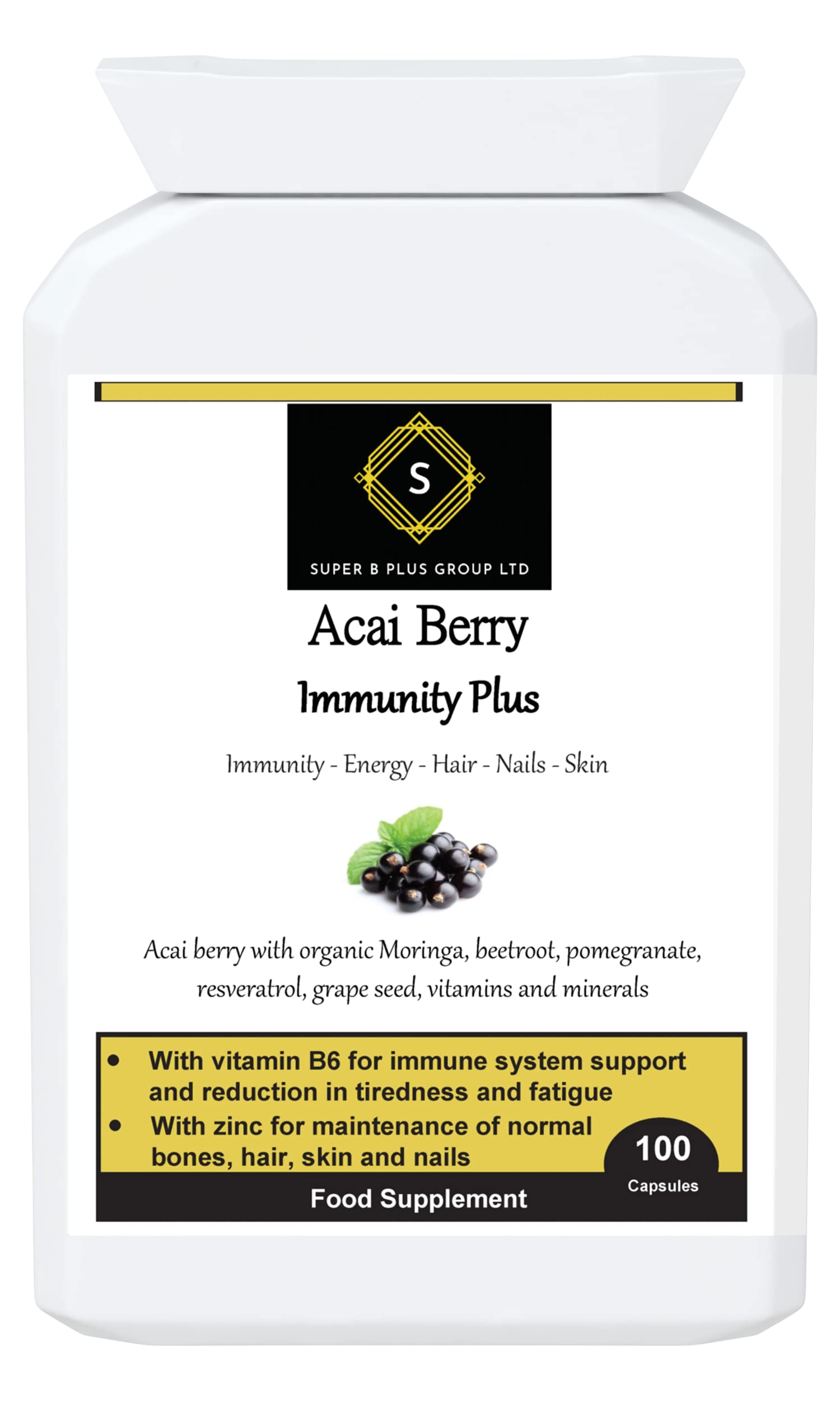 Acai Berry with B6, Zinc & Biotin - 100 Vegan Immunity Plus Support Capsules, Super B Plus Group Ltd