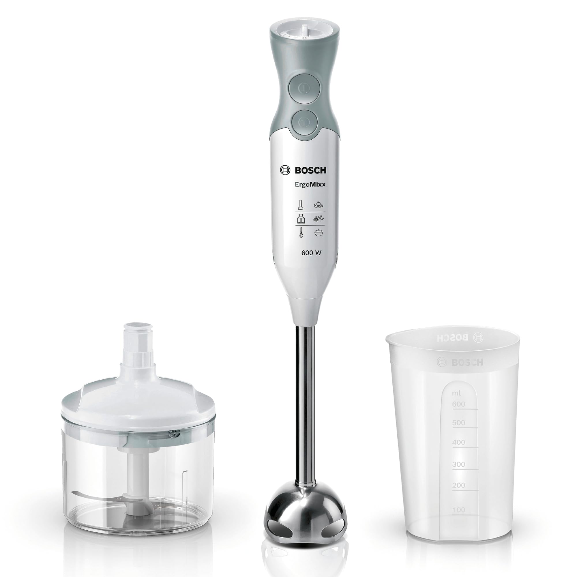 Bosch Stabmixer ErgoMixx, Edelstahl-Mixfuß, Mix- und Messbecher, 4-Klingen-Messer, Zerkleinerer, ergonomisches Design, 12 Stufen plus Turbo, 600 W, weiß/grau, MSM66120