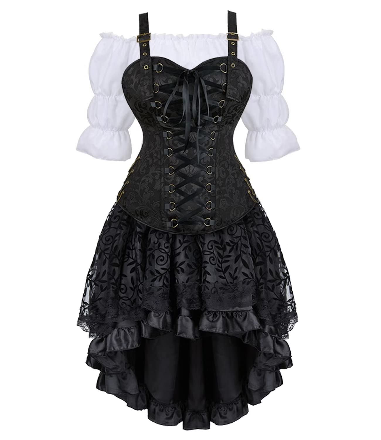 jutrisujo Korsett Kleid Damen Halloween Rock Set Steampunk Corsage mit Strapsen Spitze Corset Dress Bustier Damen Corsagenkleid Kostüm Pirat