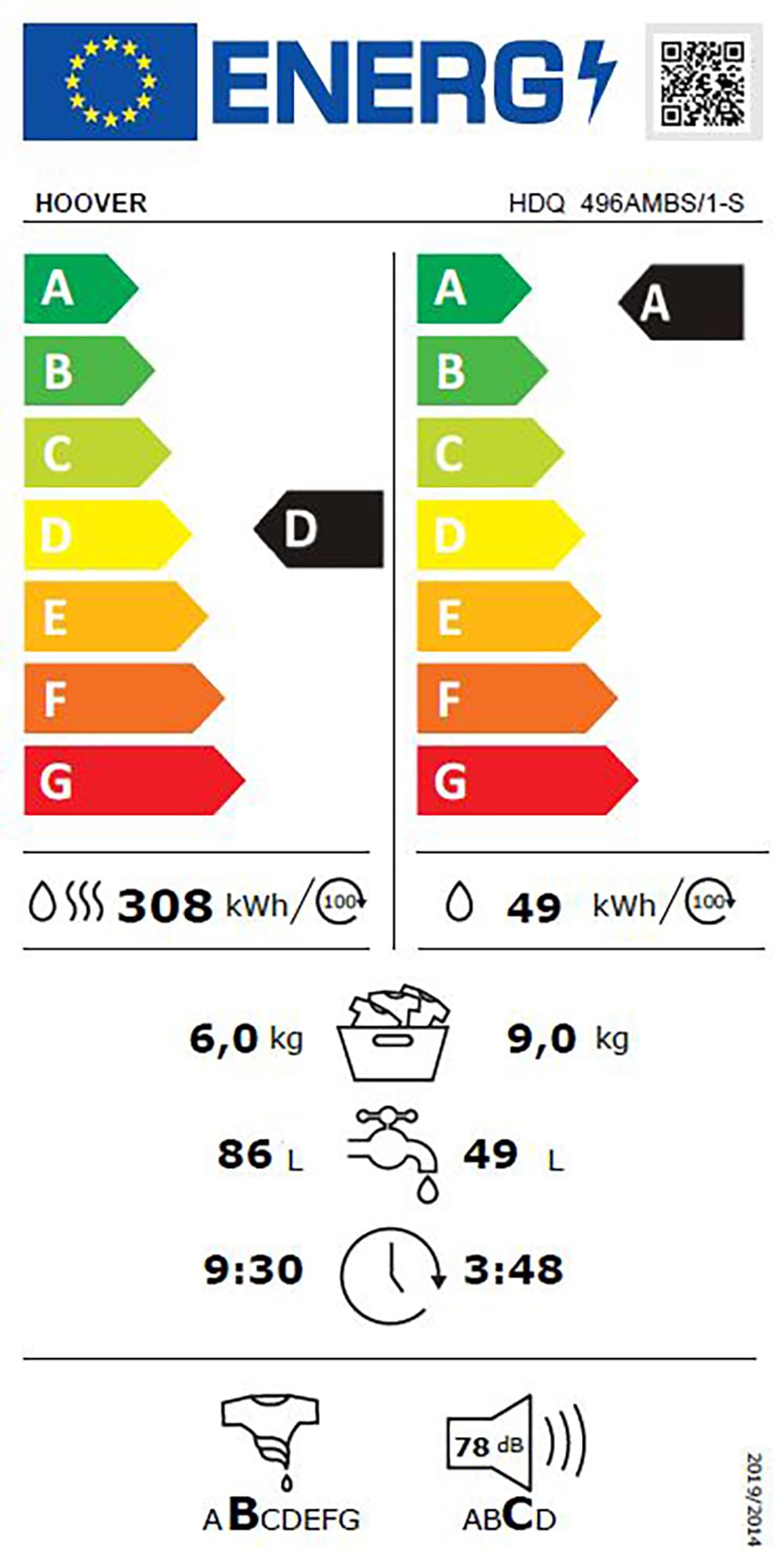 Hoover H-WASH 500 HDQ 496AMBS Waschtrockner 9 kg Waschen 6 kg Trocknen 1400 U/Min Eco-Power Inverter Motor