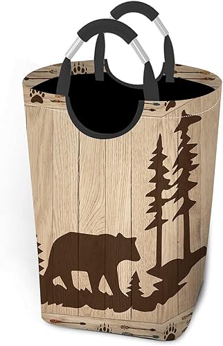 Wondertify Cesta de ropa sucia con diseño de oso y huella de oso, tablero de madera de selva, cesta de ropa con armas auténticas con asas de fácil disponible en Yaxa Costa Rica