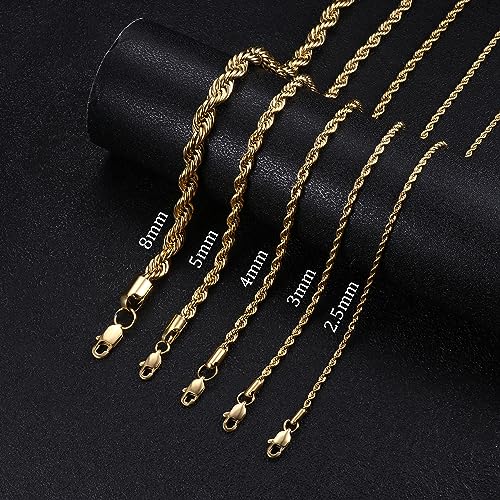 FIBO STEEL 18k Real Gold Plated 2.5-8 MM Stainless Steel Mens Womens Necklace Twist Rope Chain, 16-36 inches3