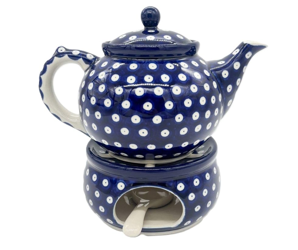 Bunzlauer Keramik Teekanne mit Stövchen Set, Blau mit weißen Punkten, Handgemacht, 15 cm Höhe, 25 cm Durchmesser, Traditionelles Design