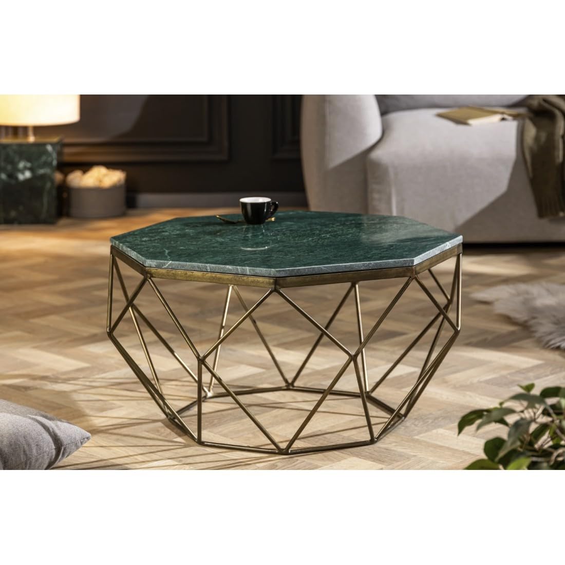 Meublorama Table Basse NEXORA 70 cm en marbre Vert et Fer Finition Laiton Design géométrique
