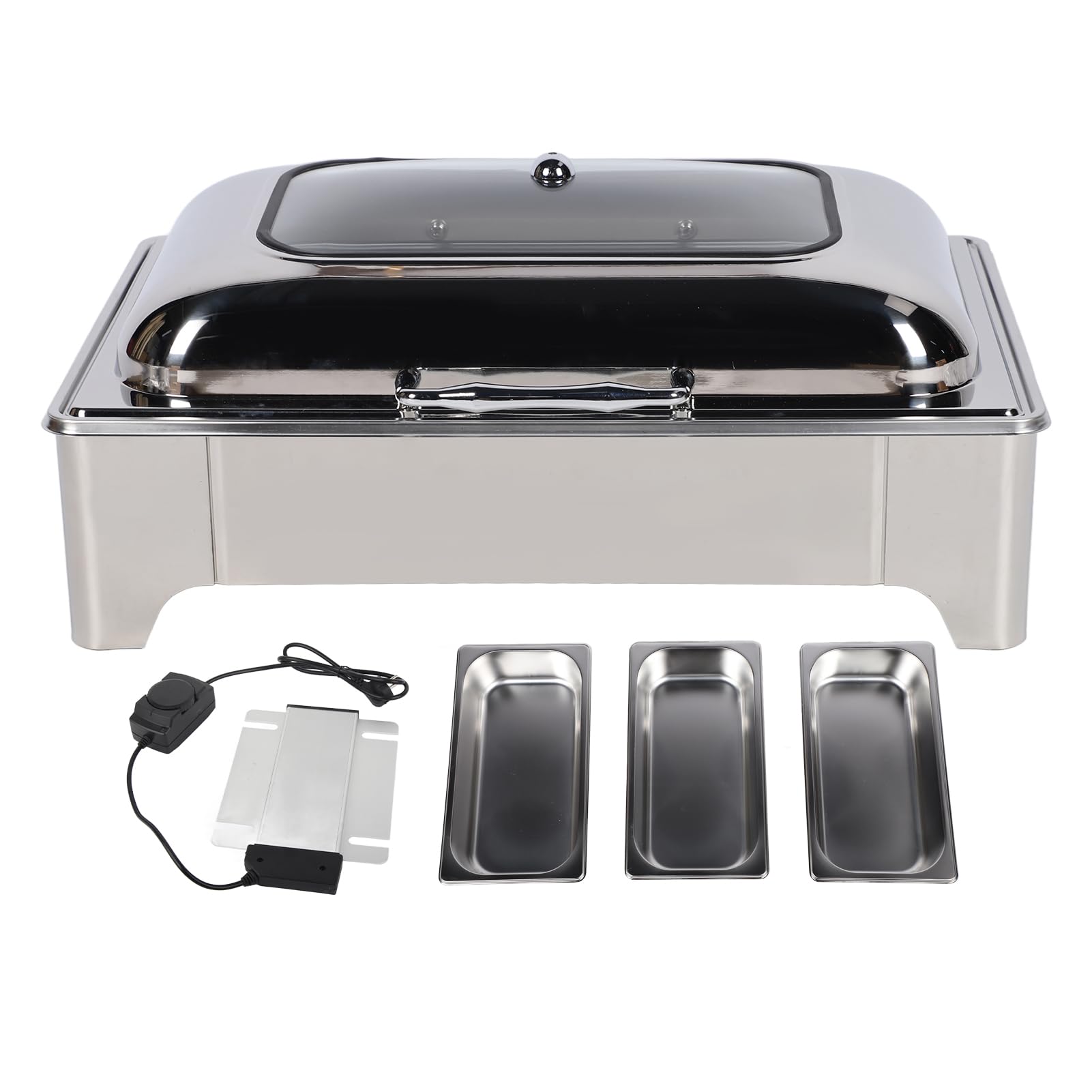 Fdit Scaldavivande Elettrico da Buffet in Acciaio Inossidabile da 9 Litri con Controllo della Temperatura 35-80°C e Coperchio in Vetro Visibile, Scaldavivande per Feste, Banchetti e (3 scomparti)