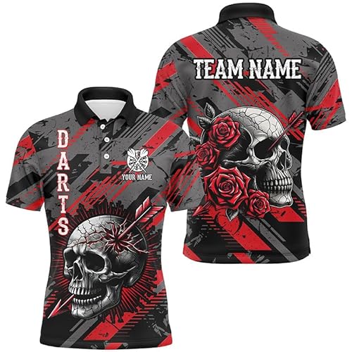 vhasport Personalised 3D All Over Print Skull and Roses Custom Darts Polo & Quarter-Zip Shirts for Men & Women Darts Jerseys |Red T1919