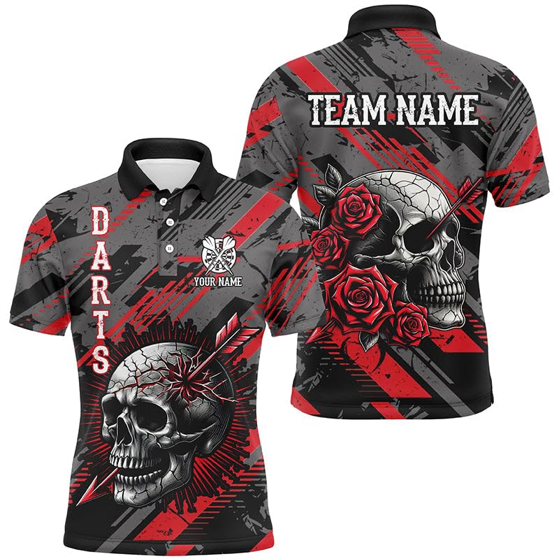Personalisierte 3D-Druck Dartshirts für Herren & Damen mit Totenkopf- und Rosenmotiv | Rot T1919