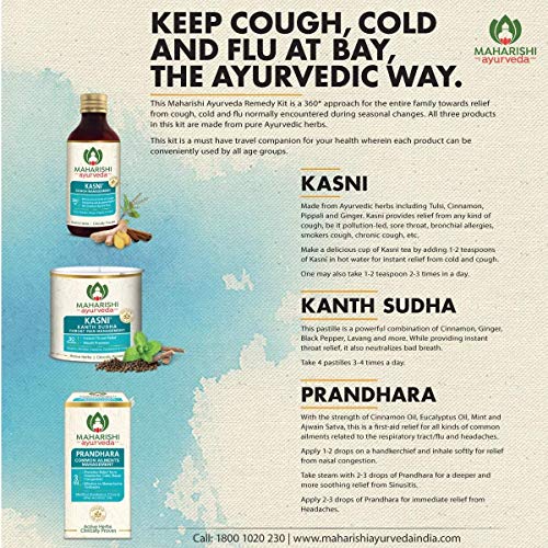 Image of Maharishi Ayurveda Ayurvedic Remedy Kit with Tulsi, Cinnamon, Pippali, Ginger, Cinnamon Oil, Ginger, Black pepper, and More,Kasni: 50 ml,Prandhara: 3ml,Kanth Sudha: 30 pastilles (Pack of 2)